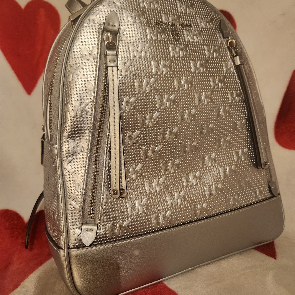 Michael Kors Brooklyn Backpack- Metallic Silver and VS Shimmer Backpack Keyfob - Picture 8 of 11